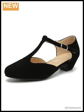 T-Strap Mary Jane Pumps Low Block Heel Closed Toe Buckle Ankle Strap